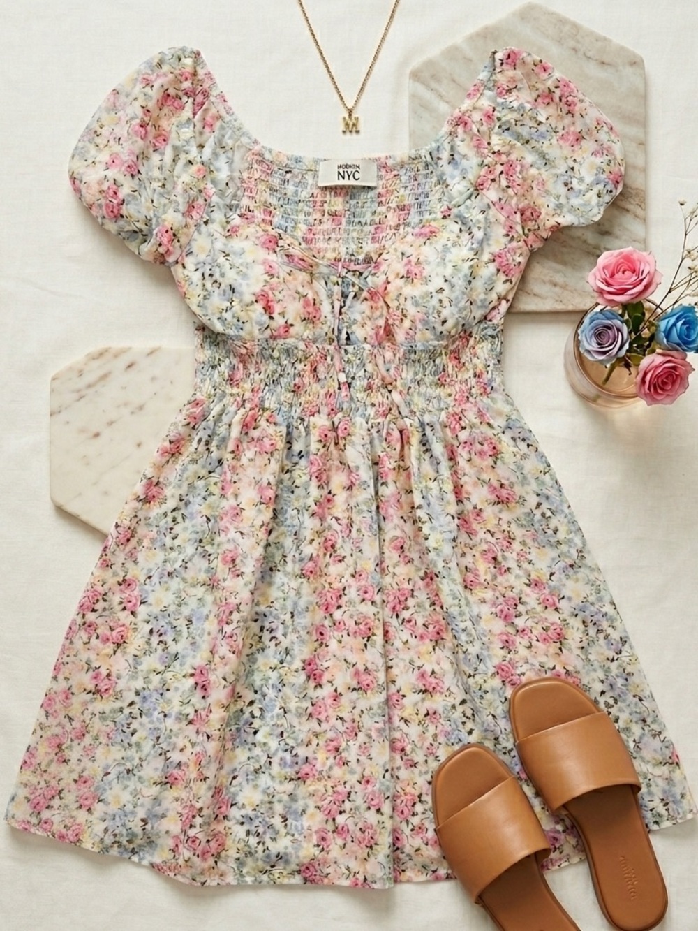 Coquette‎ Floral Smocked Waist Puff Sleeve Wedding Guest Dress Women's Size S